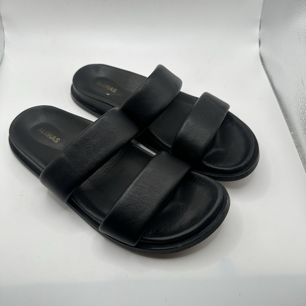 Alohas Calypso Black Leather Double Strap Flat Sandals Beach EU 38 Sz 7.5 $130